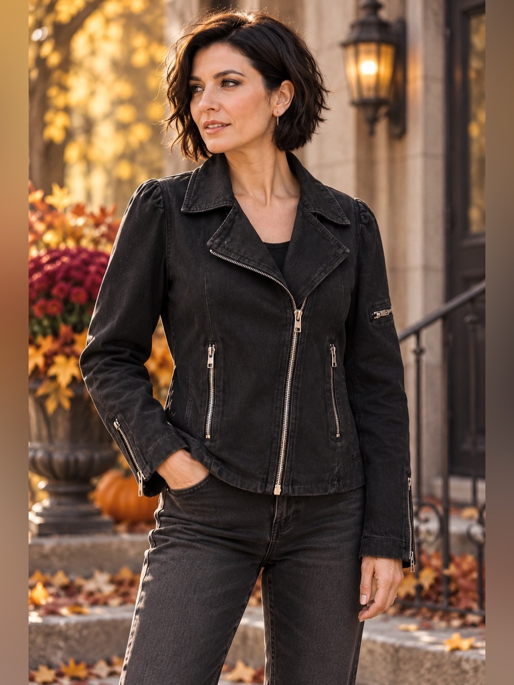 Z Cavaricci Black Denim Moto Jacket Asymmetrical Zip Stretch Y2K Size 1